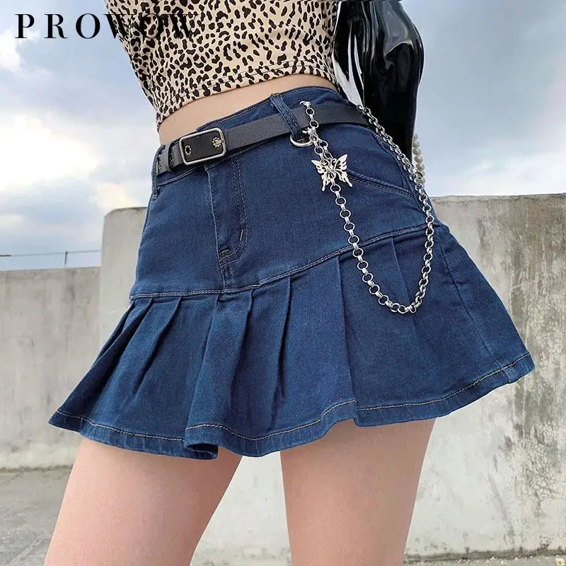 

Prowo 2021 The New Leisure Fold Bust Skirt Of Tall Waist Ladies Spice Falbala Stretch Denim Skirt