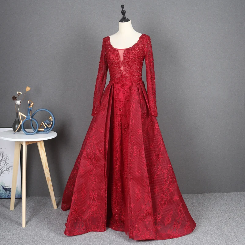 YY274 New Long Sleeve O-neck Patch Rhinestone Red Evening Dress Socialite Temperament Annual Meeting Dinner Host Women's Gown