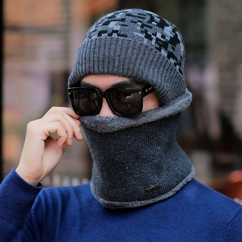Зимние шапочки для мужчин шарф вязанные шапки кепки маска Warm капот Теплые Мешковатые зимние шапки для мужчин женщин шерсть Skullies шапочки шапки