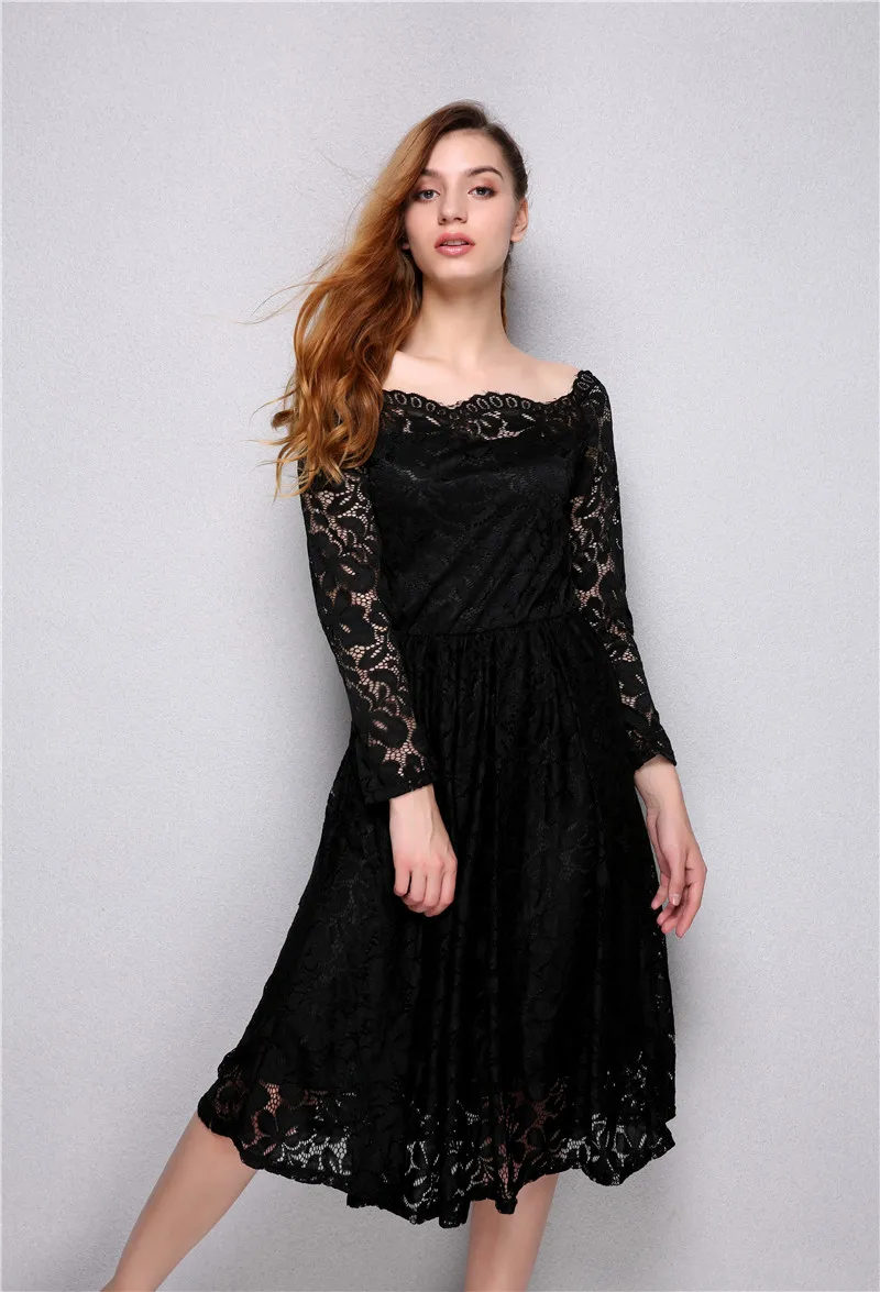

Elegant full hollow lace Dress Women vintage long Sleeve Casual mid calf solid color dresses high quality
