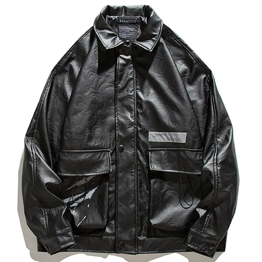 

2021 Autumn New Hip Hop Street Harajuku Men's Fashion Lapel Printed Motorcycle Leather Jacket Coats