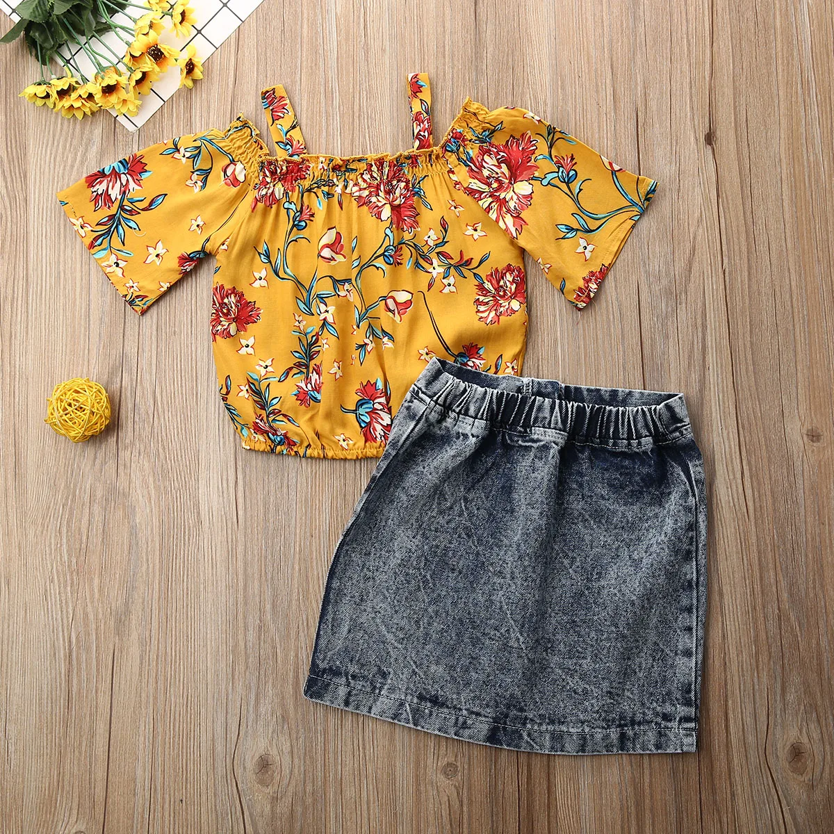 New Toddler Kids Off Shoulder Clothing Outfits Baby Girl Tops T-shirt Denim Mini Skirts 2PCS Set | Детская одежда и обувь