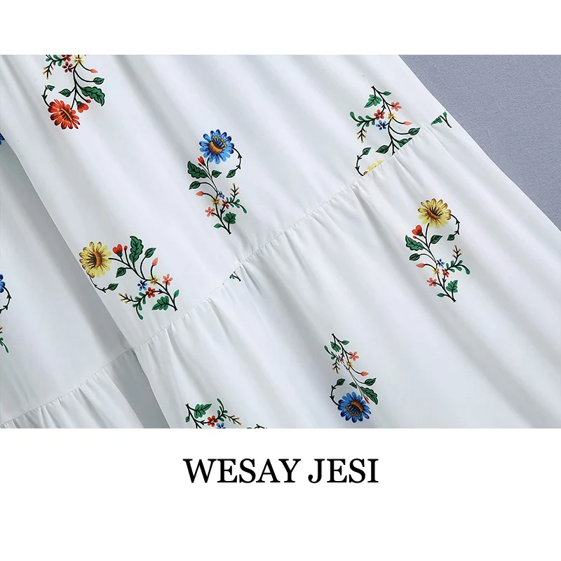 

WESAY JESI Summer Skirt 2021 Fashion Embroidery Print Round Neck Ruffle Female Sleeveless Vacation Casual Women's Long Dress