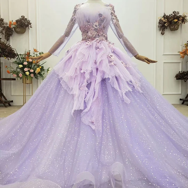 HTL1753 Elegant Charming Ligh High Neck Long Sleeve Bow Appliques Crystal Tiered Evening Dress 2020 платье нарядное
