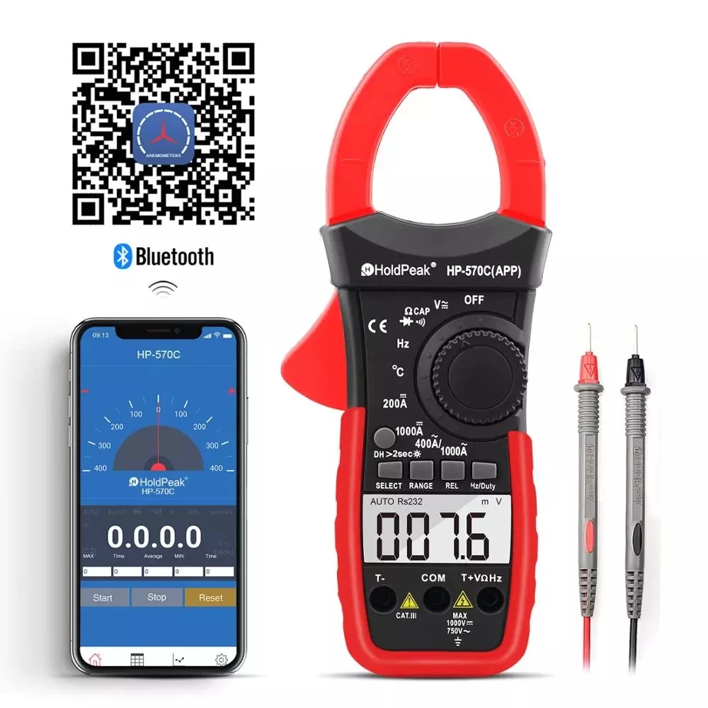 

HoldPeak HP-570C-APP Digital Clamp Meter 4000 counts 1000A AC Current Voltage Capacitance Multimeter Connect to Phone Tester