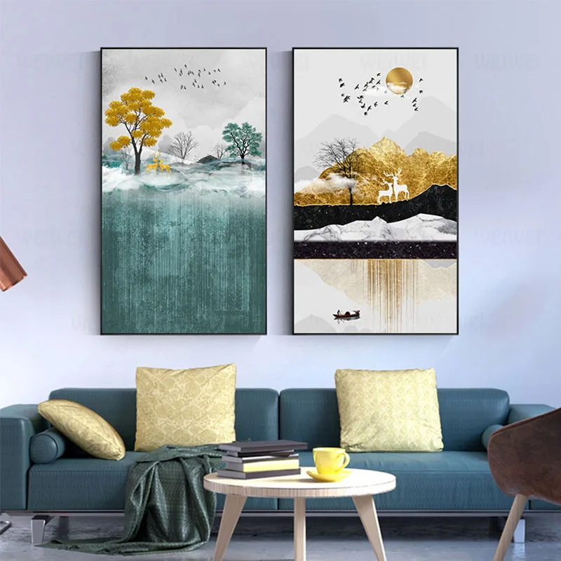 Абстрактная Золотая фольга холст живопись современное золото солнце олень