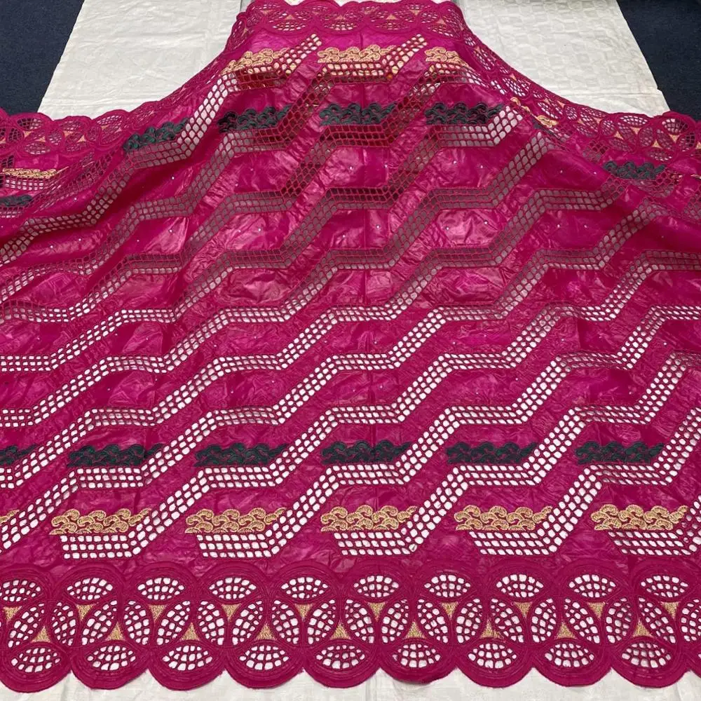 

African Lace Fabric With Stones Bazin Riche Lace Popular Eyelet Holes Cotton For Nigerian Wedding Party Materials