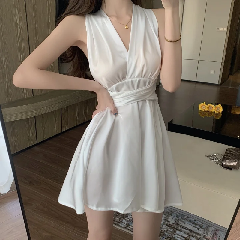 

V-neck White Dresses Off Shoulder Summer Sexy Style Elegant Birthday Dress for Women Hollow Out Backless Fashion Female Clothes