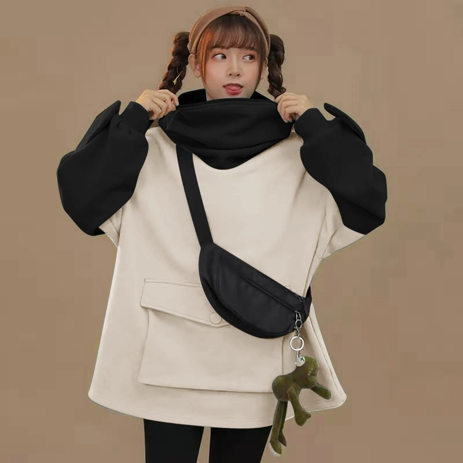 

Women's Frog-Design Hoodies Long Sleeve Patchwork Harajuku Big Pocket Kawaii Casual Clothes Hoodie Women Sweat Capuche Femme