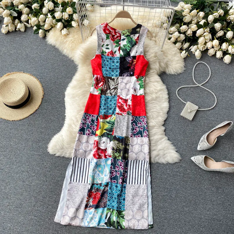

Women's Summer Sundresses Fashion Runway Designer Sleeveless Color Block Print Slit Vintage Long Dress Holiday Party Robe Femme