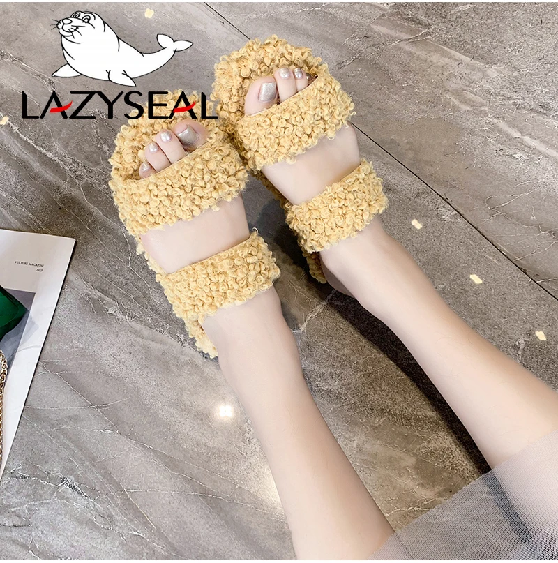 LazySeal; цветные домашние тапочки с натуральным мехом; женская обувь; женские шлепанцы без задника на плоской подошве; женские пушистые домашние шлепанцы; пушистая плюшевая обувь