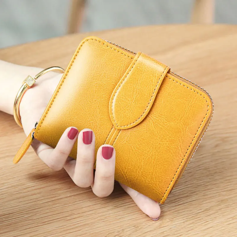Billfold масло воск натуральная кожаные кошельки для женщин короткий мини-кошелек для клатча Soild монета Карманный с отделениями для карт держатель воловья сумка - Цвет: Цвет: желтый