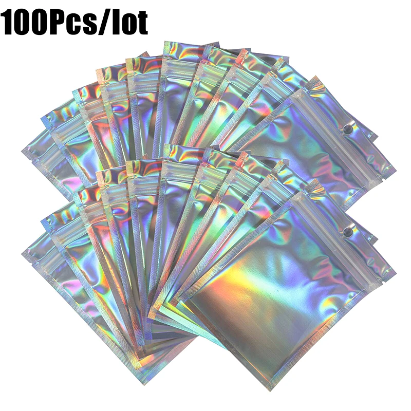 

100Pcs Iridescent Zip lock Bags Pouches Cosmetic Plastic Laser Iridescent Bags Holographic Makeup Bags Hologram Zipper Bags