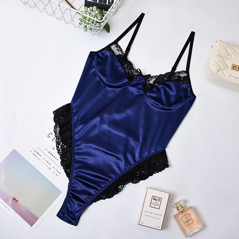royal blue Криптографический кружевной лоскутный сатиновый костюм, сексуальный комбинезон с открытой спиной, облегающий женский топ, цельные модные Клубные вечерние облегающие боди - Цвет: royal blue