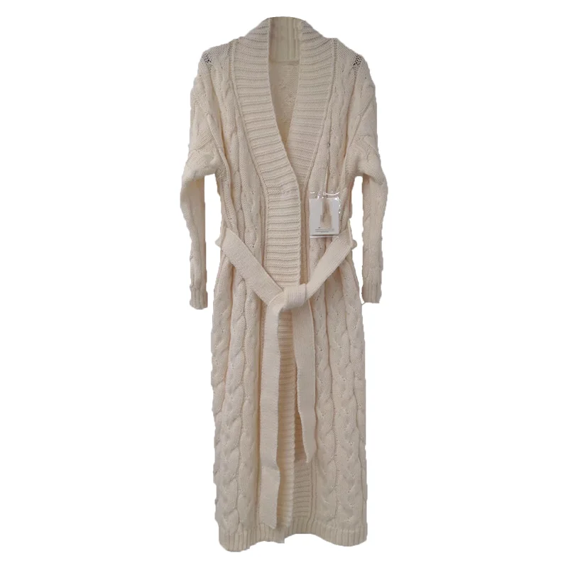 

Women's sweater coarse sand twisted knit cardigan over the knee with waistband solid color long casual coat