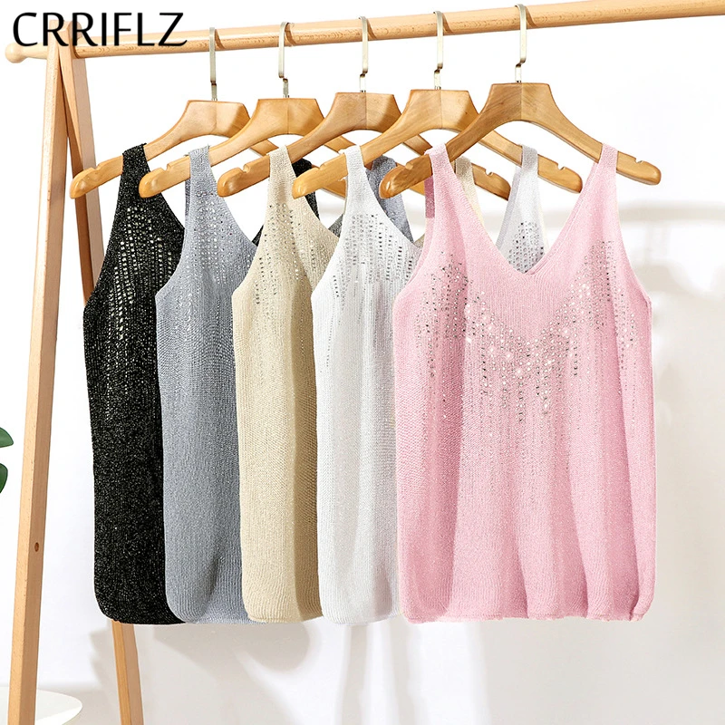 Summer Casual Solid Knitted Tank Tops Women 2020 New Hotfix Rhinestone Sleeveless Top | Женская одежда