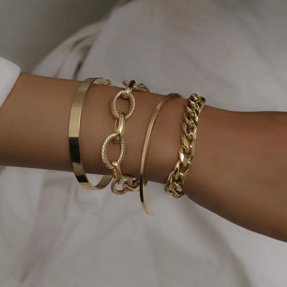 ZX Wholesale Personalized Layers Metal Chain Bracelet for Women Hip Hop Punk Gold Plated Maxi Bangle Jewelry Female Bijoux Gifts | Украшения