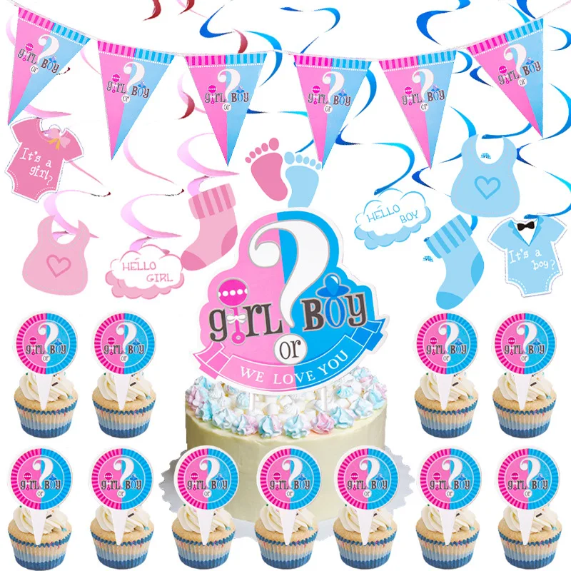 

Gender Reveal Girl Or Boy Banner Cupcake topper Hanging Swirl Baby Shower Birthday Party Decorations Kids Favor Supplies