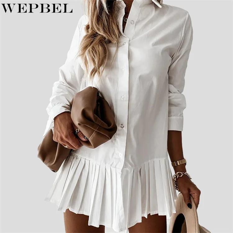 

WEPBEL Spring Fashion Solid Color Slim Dress Women's Casual Long Sleeve Single-Breasted Lapel Pleated Stitching Dress