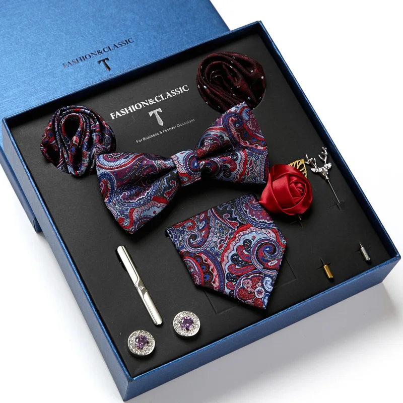 

New Men's Tie Hanky Cufflinks Set With Gift Box Red Paisley Fashion Ties For Men Wedding Business Party Groom