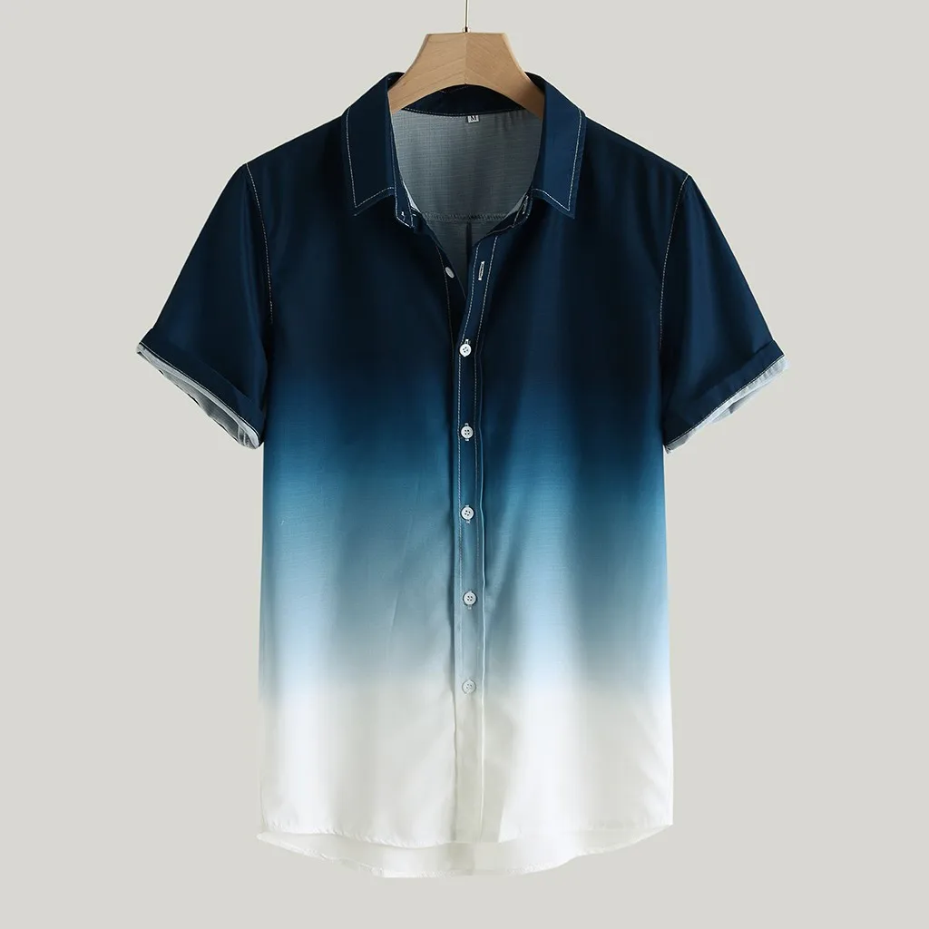 

Men's Gradient T Shirt For Casual Short Sleeve Cotton Print Button Down Top Men Summer Spring Hawaiian Shirt
