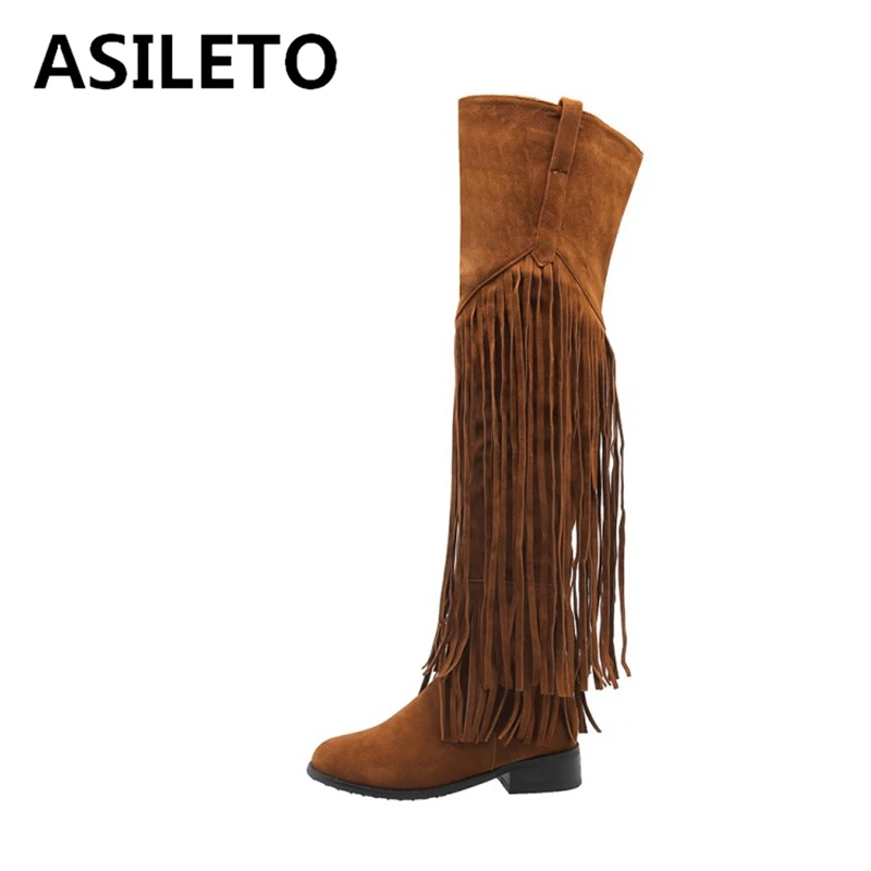 

Осенние сапоги выше колена ASILETO с круглым носком, 3 см, квадратный каблук, из флока, на молнии, с бахромой, большие размеры 33-46, черные, персиков...