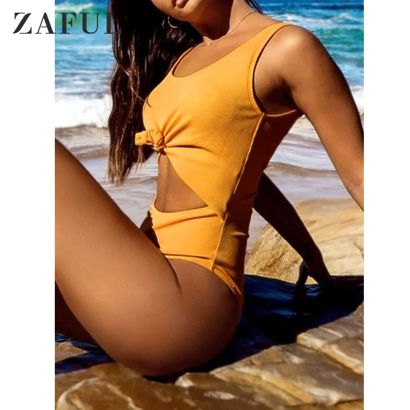 

ZAFUL Women Monokini Ribbed Knotted Cut Out Swimsuit One Piece Sexy Solid Bodysuit Bathing Suit Beachwear Swimming Suit