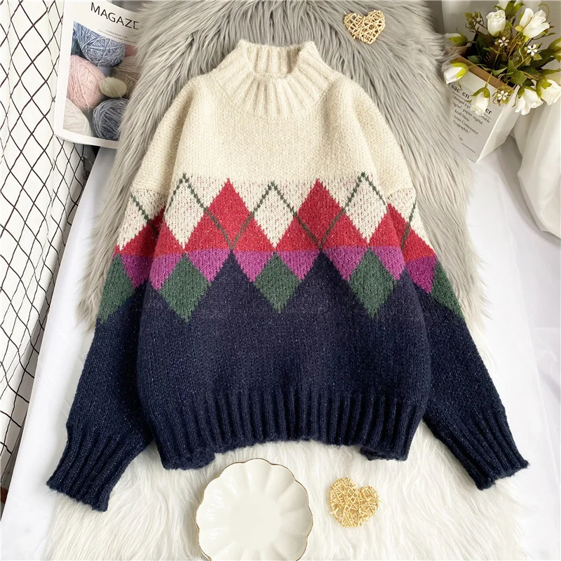 

2021 Autumn Winter Thick Turtleneck Woman Sweater Argyle Plaid Pattern Casual Loose Pullovers Vintage Warm Knited Jumper