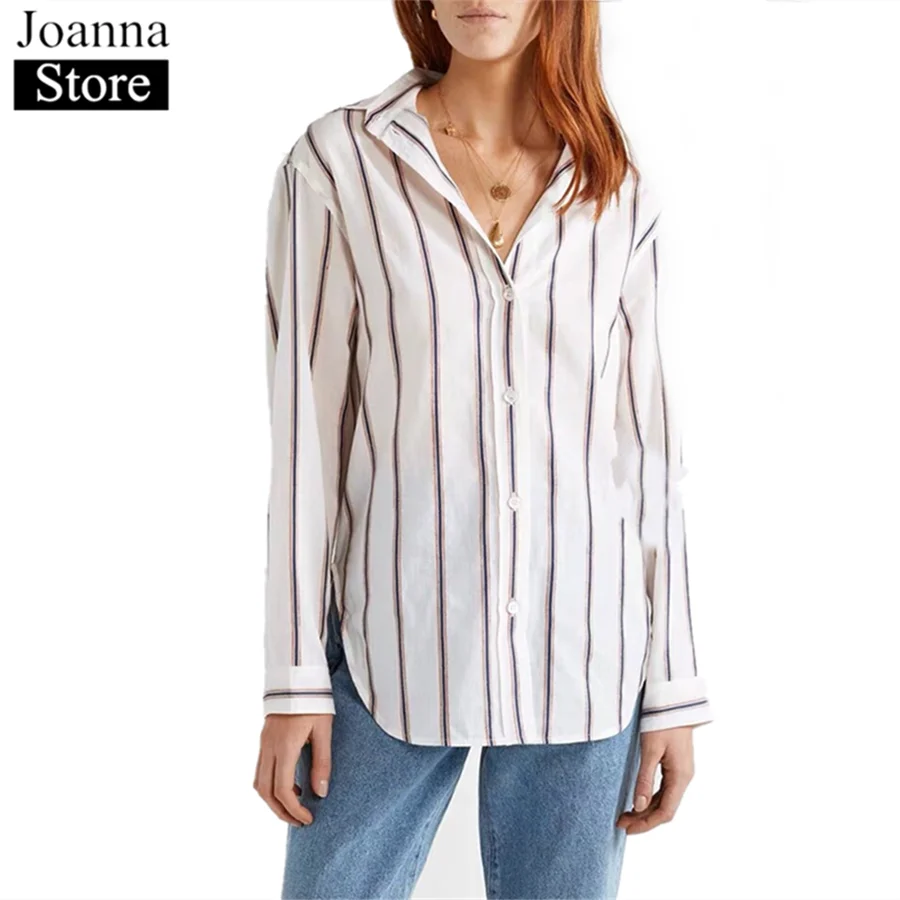 Spring 100%Linen Stripe Short Shirts Women Long Sleeve Single-Breasted Vintage Loose Blouse White Plus Size Casual Wild Clothes