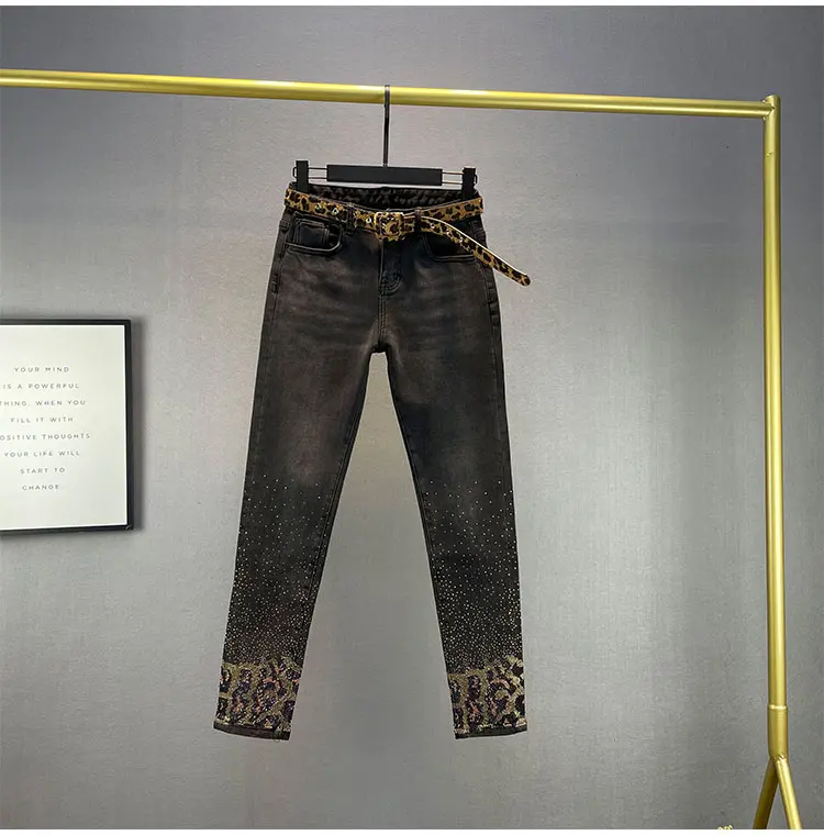 

Leopard Rhinestone Jeans Women's 2021 Spring and Autumn New Elastic High Waist Slim Fit Black Denim Pencil Pants