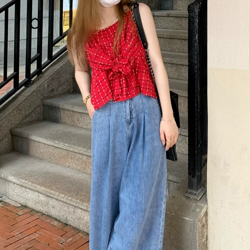 

Korejepo Women Shirt 2021 Summer Korean Sweet Temperament Cute Age-Reducing Off-Shoulder Plaid Long-Sleeved One-Shoulder Blouses