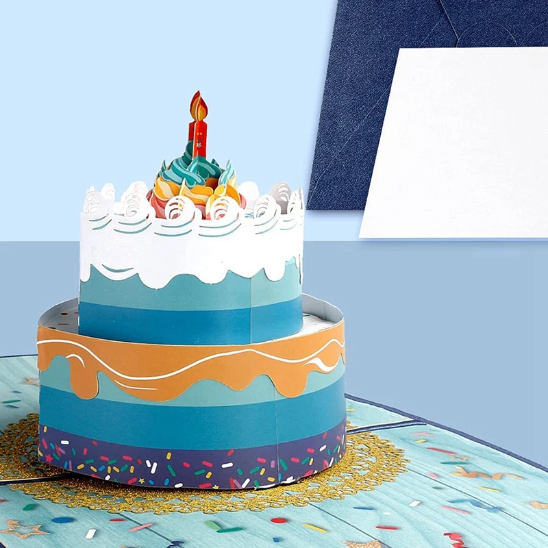 Трехмерная открытка на день рождения с синим двухслойным дизайном торта