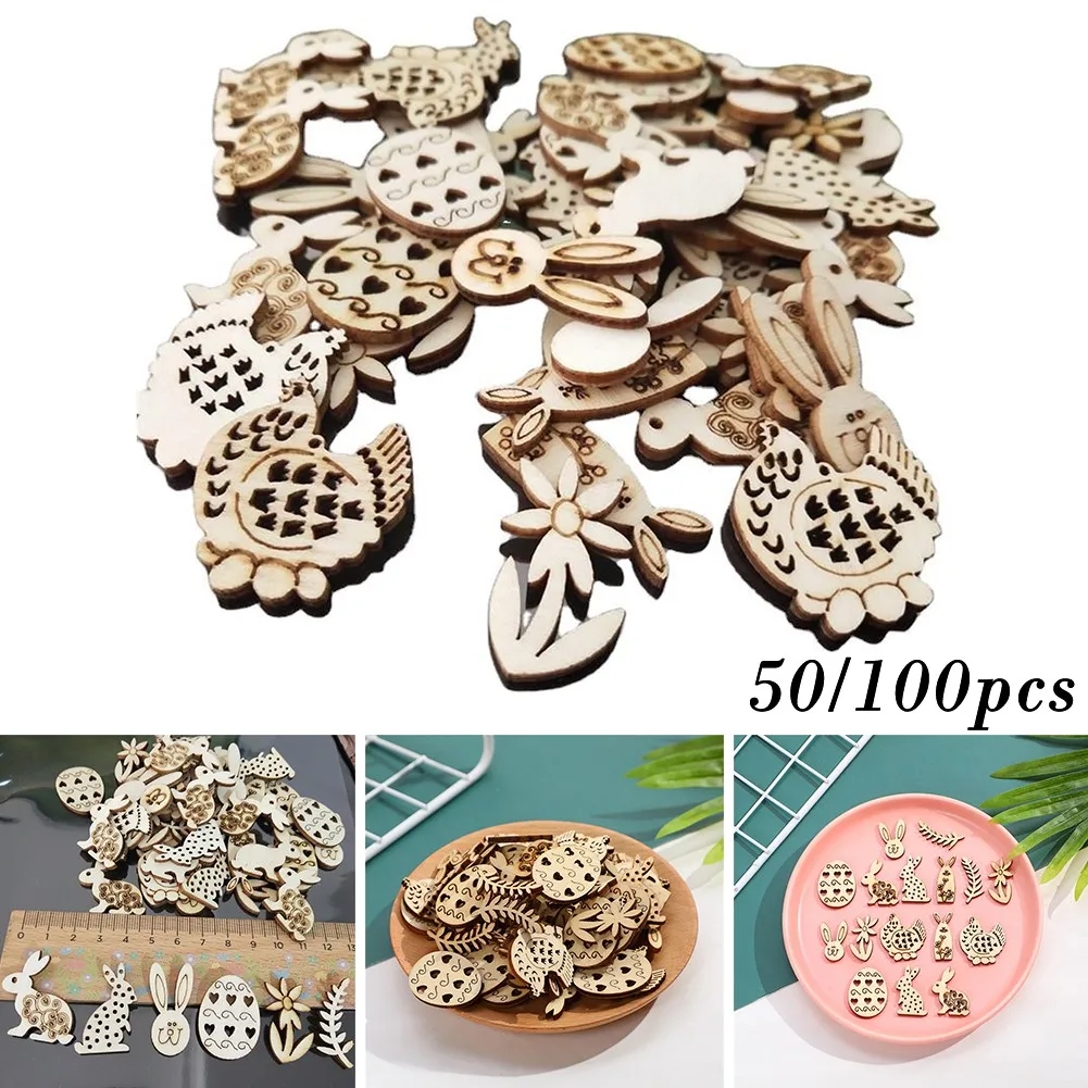 

50/100PCS Happy Easter Rabbit Eggs Wooden Craft Easter Home Party Decor DIY Wood Chips Hanging Ornaments Gift Decoratve Sign