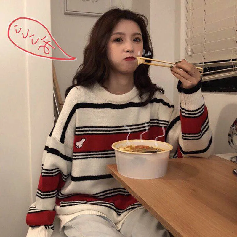 Женский полосатый свитер Ulzzang винтажный свободный с облаками в стиле Харадзюку