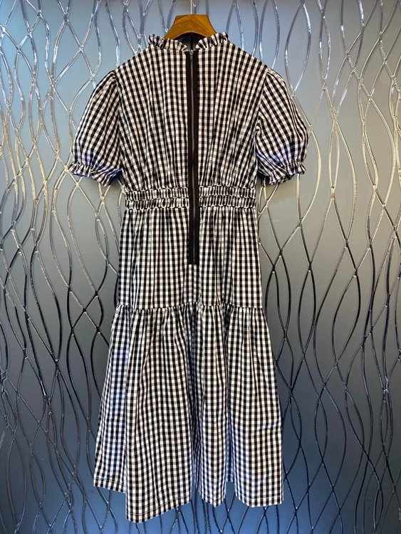 

2021 spring and summer new women's fashion round neck lattice decoration waist bubble short-sleeved long dress 319