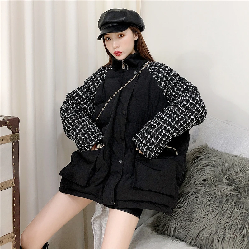 CHICEVER лоскутное клетчатое популярное цветное хлопковое пальто для женщин стоячий