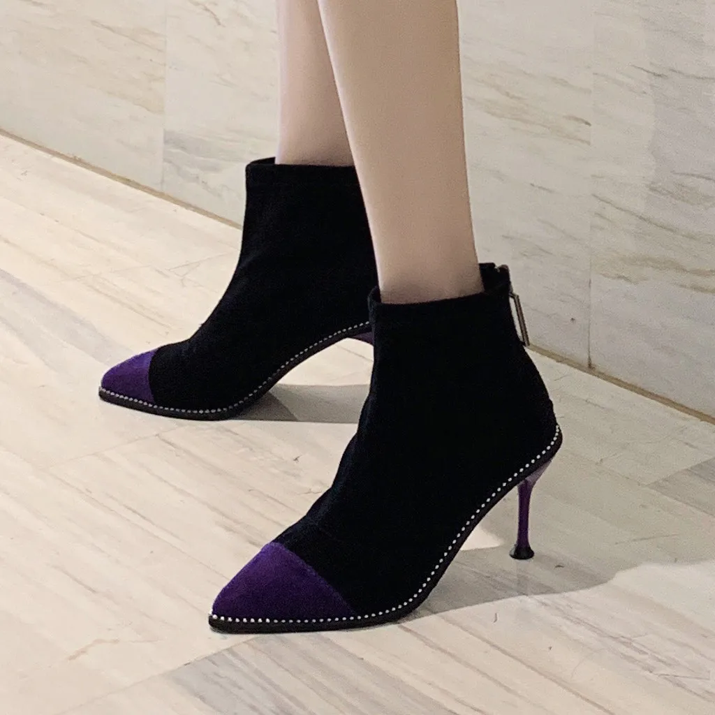 Женские ботинки на шпильках с острым носком молнии|Женские полусапожки| |