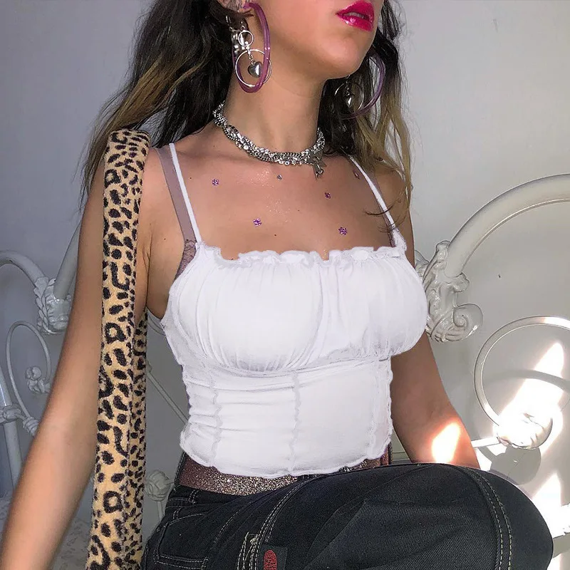 

Tank Tops Sleeveless Sexy Hollow Ruffled Hanging Neck Vest Backless Female Tight Casual Fashion New Women Summer Streetwear