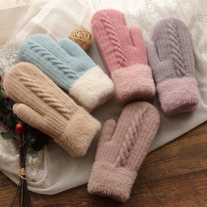 

Women Twist Flowers Wool Knitting Mittens Unisex Double Layer Thicken Plus Velvet Woolen Gloves Full Finger Warm Driving Mittens