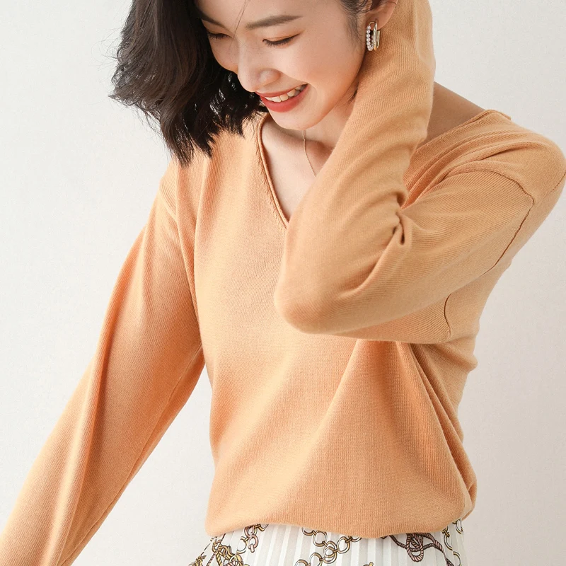 Женский свитер Осенний мягкий тонкий пуловер с v-образным вырезом и длинным