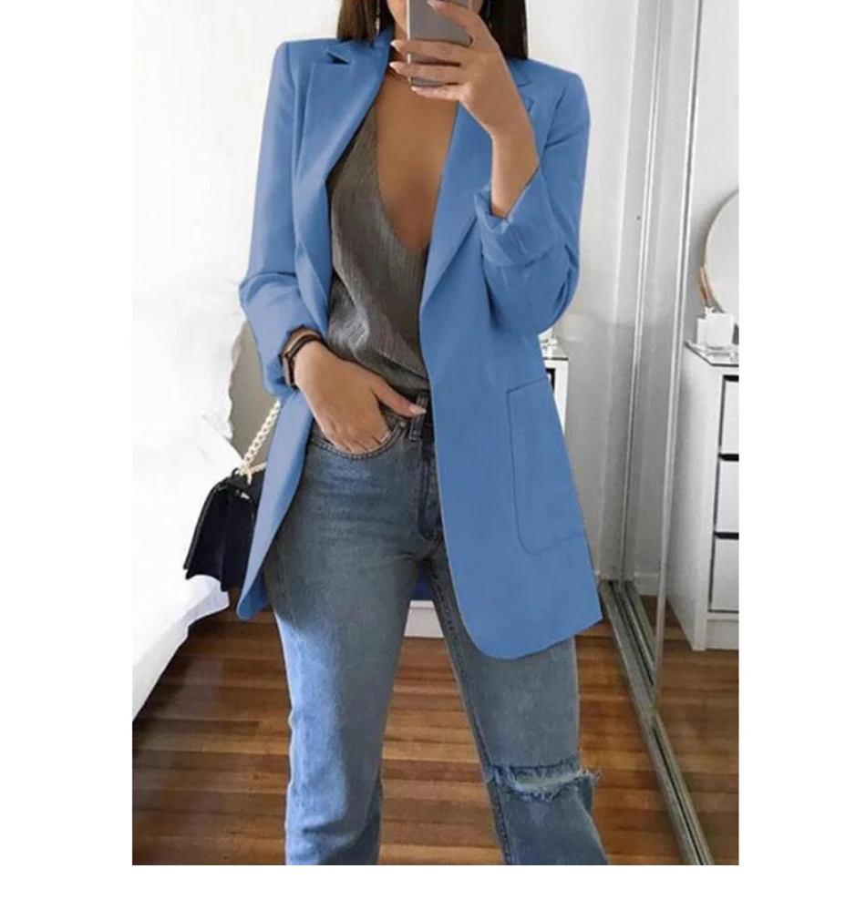 Однотонные женские куртки и пальто 5XL размера плюс, Осеннее болеро с длинным рукавом и отложным воротником, женские куртки с карманами