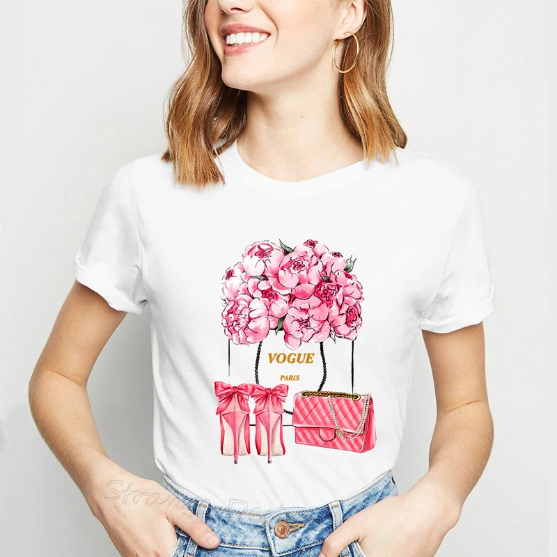 

Summer 2019 Vogue Pink High Heels Perfume Flowers Bag Print T Shirt Women Slim Trendy Hipster Harajuk Tops Tee Shirt Femme