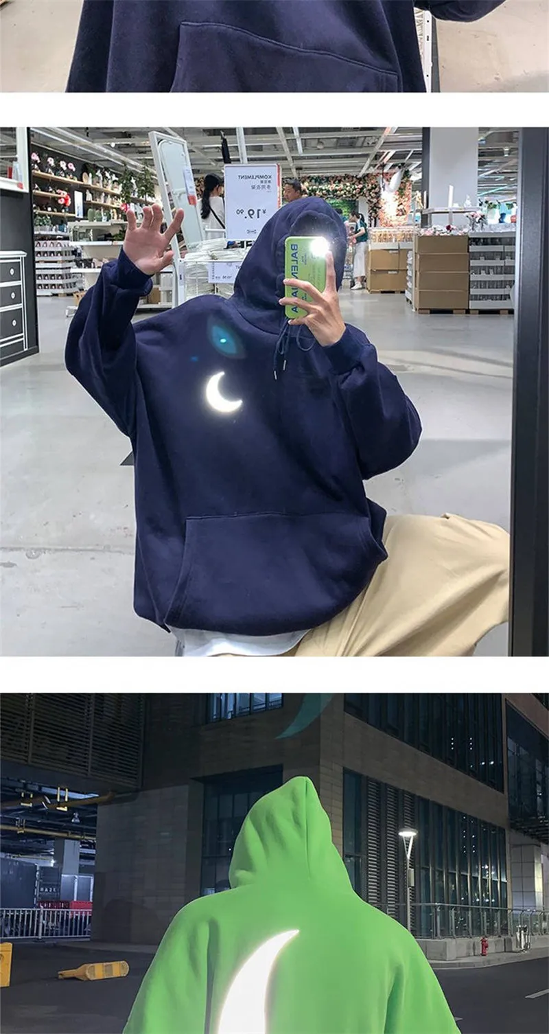 Moon Reflective Hoodies Loose Men's Sweatshirt Orange Autumn Winter Sweatshirts Men Streetwear Cool Japan Hoodies Funny Male