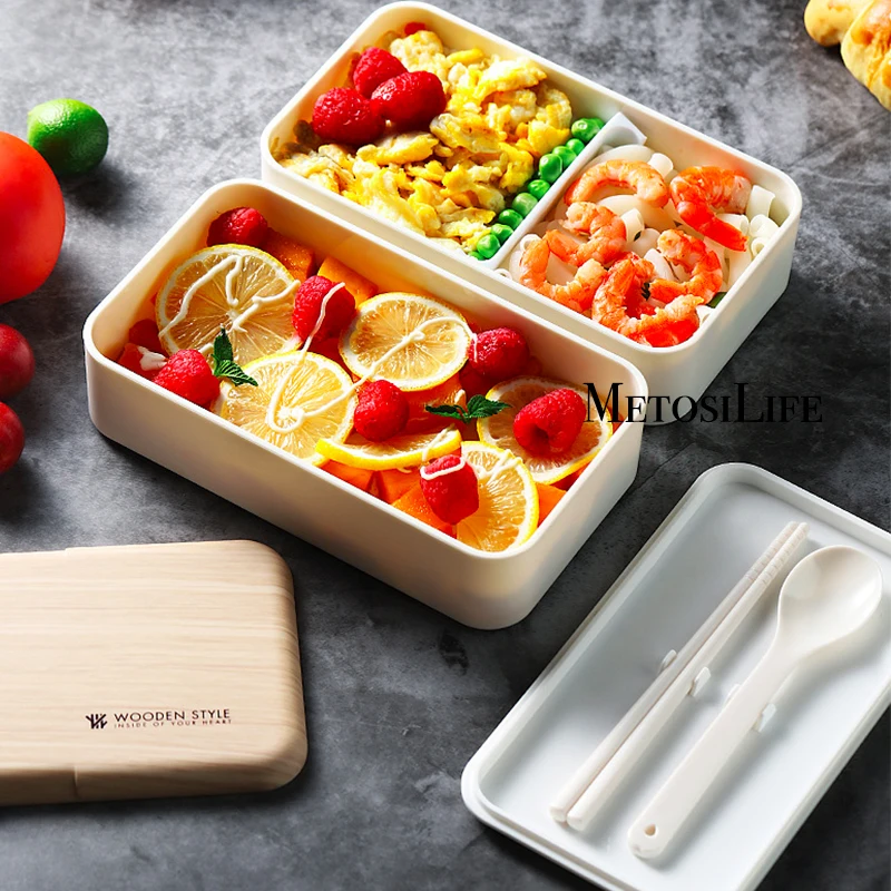 Деревянный двухуровневый Ланч-бокс в японском стиле Портативный из пластика для