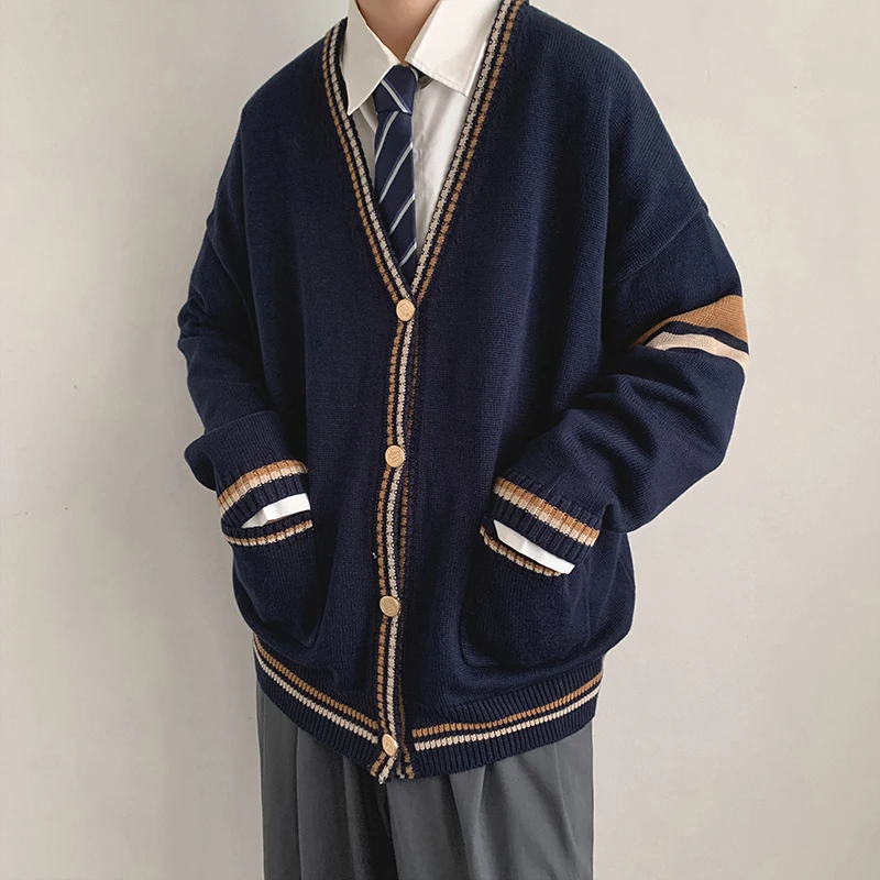 

Men Cardigan Spliced Long Sleeve Sweaters Preppy Basic V-neck Japanese Style Retro Knit Jumpers Teens Oversized Cozy