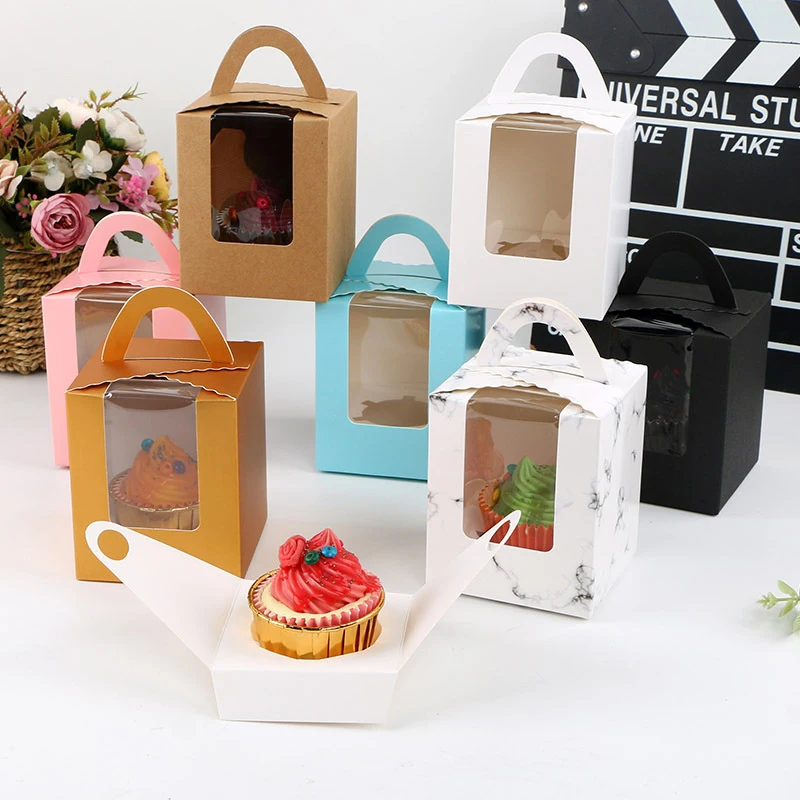 

1pc 11*9.2cm Papercard Cake Folding Boxes with Handle Brown Cupcake Box Paper Cardboard Cake Package Craft Gift Wrapping