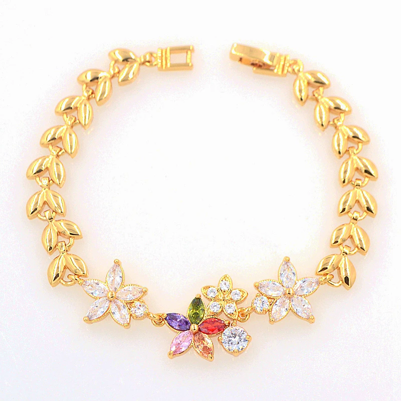 Модный женский золотой разноцветный циркониевый браслет с камнями и цветами