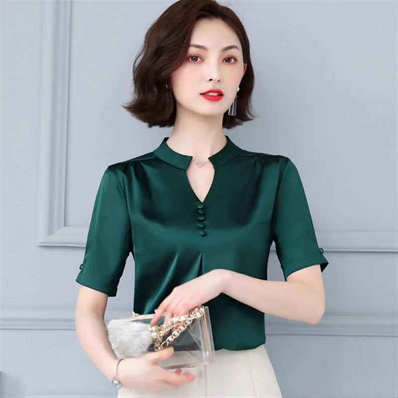 Женская шифоновая блузка с V-образным вырезом и коротким рукавом |