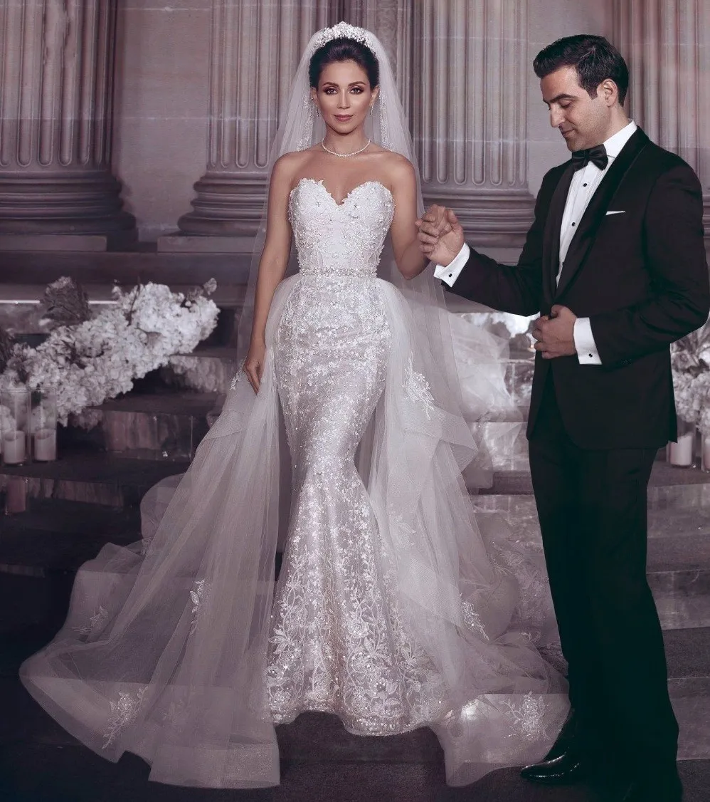 

Elegant Sweetheart Lace Mermaid Wedding Dresses With Detachable Train Sparkle Crystal Beaded Bridal Gowns Robe De Mariage