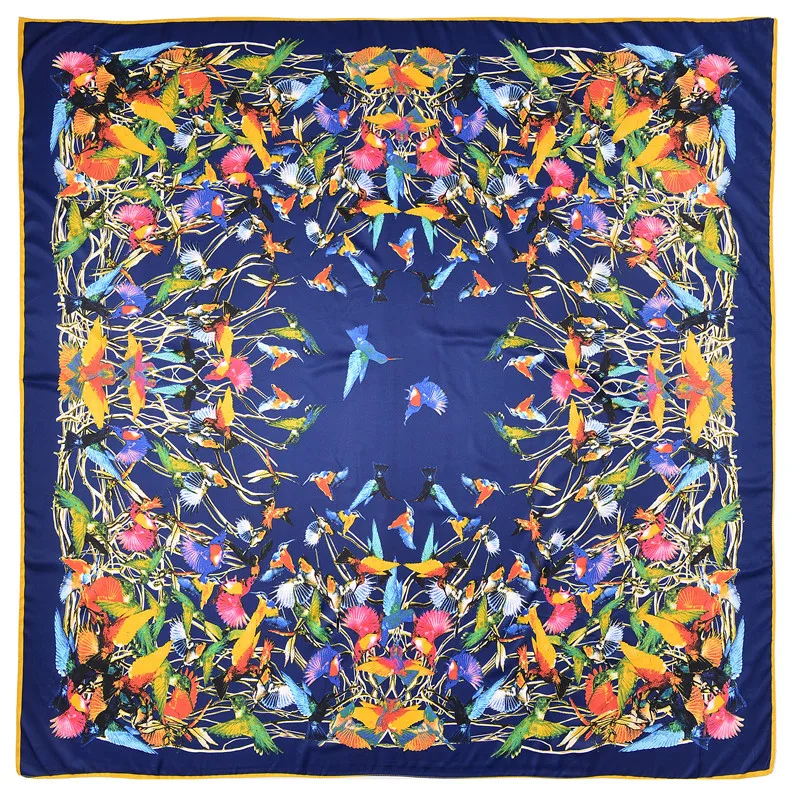 

Luxury Brand 100% Twill Silk Scarf 130*130cm New Design Birds Print Square Kerchief Neck Shawl Wraps Echarpe scarves women 2019
